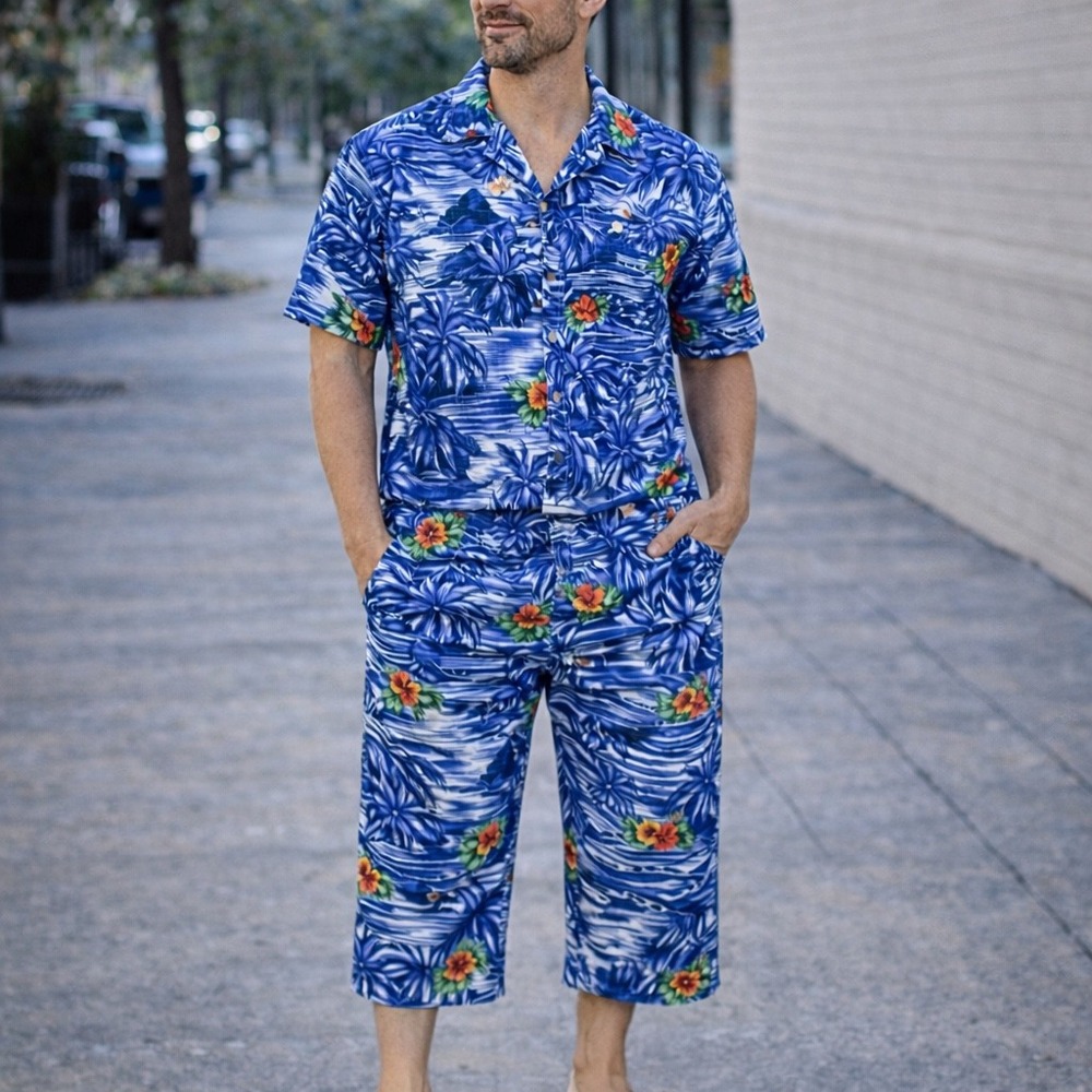 Vintage Island Sands Hawaiian Shirt & Pants‎ Set M Blue Tropical Aloha Outfit